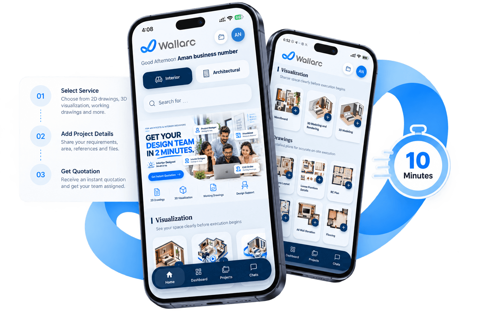 Wallarc app showing how to select a service, add project details and receive a quotation