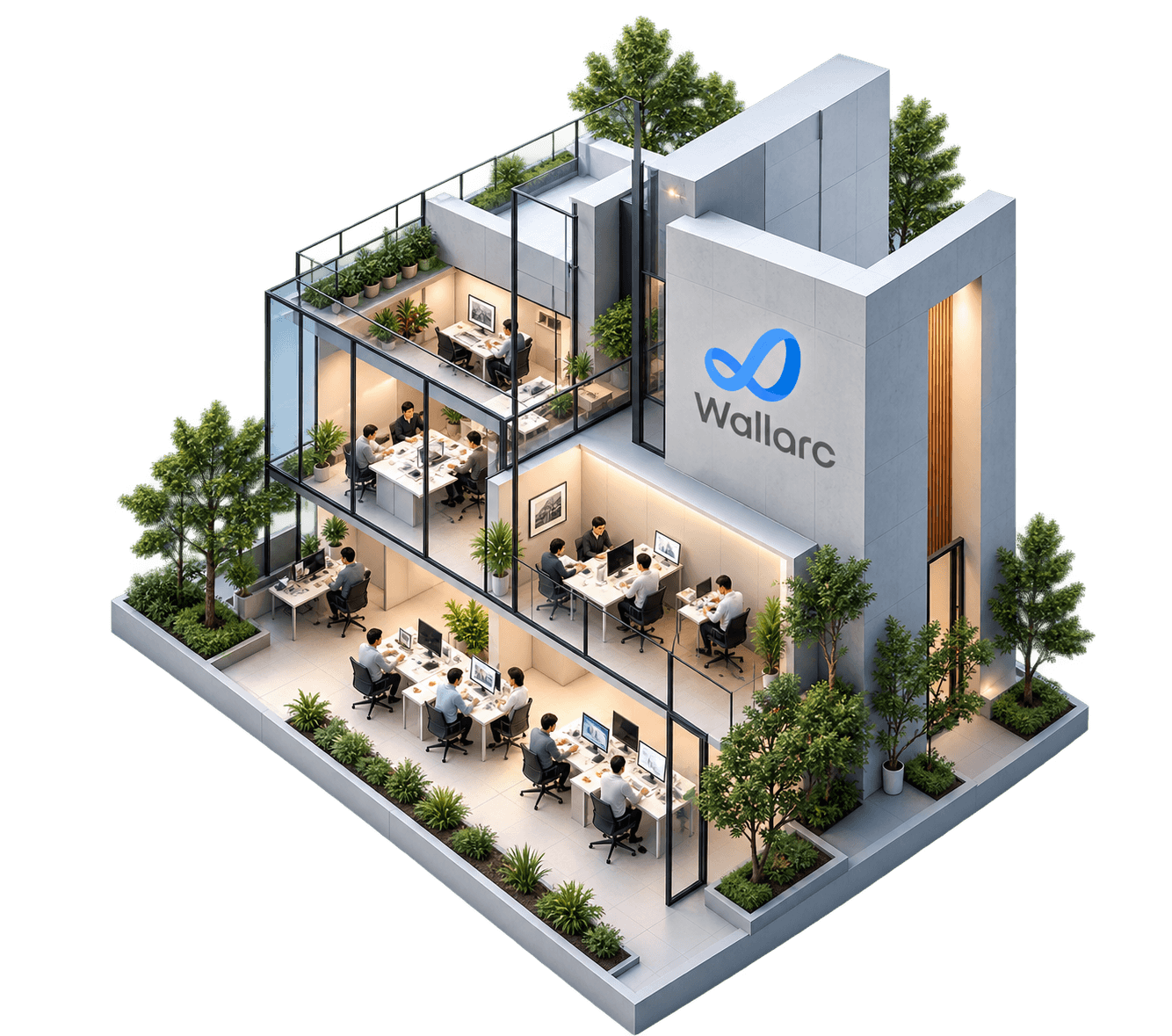 Isometric Wallarc design studio with architects and interior designers at work