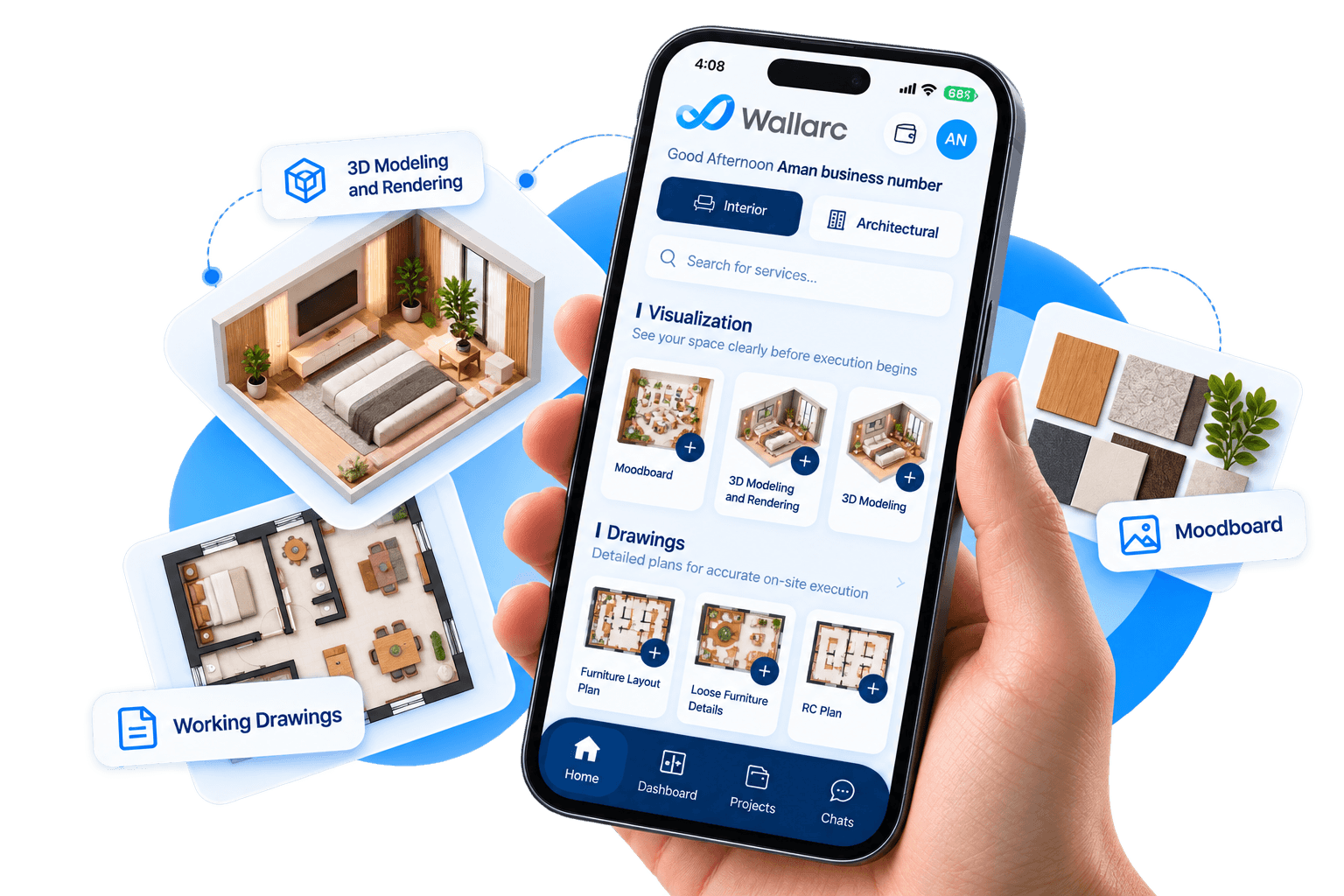 Wallarc mobile app offering 3D modelling, rendering, working drawings and moodboards