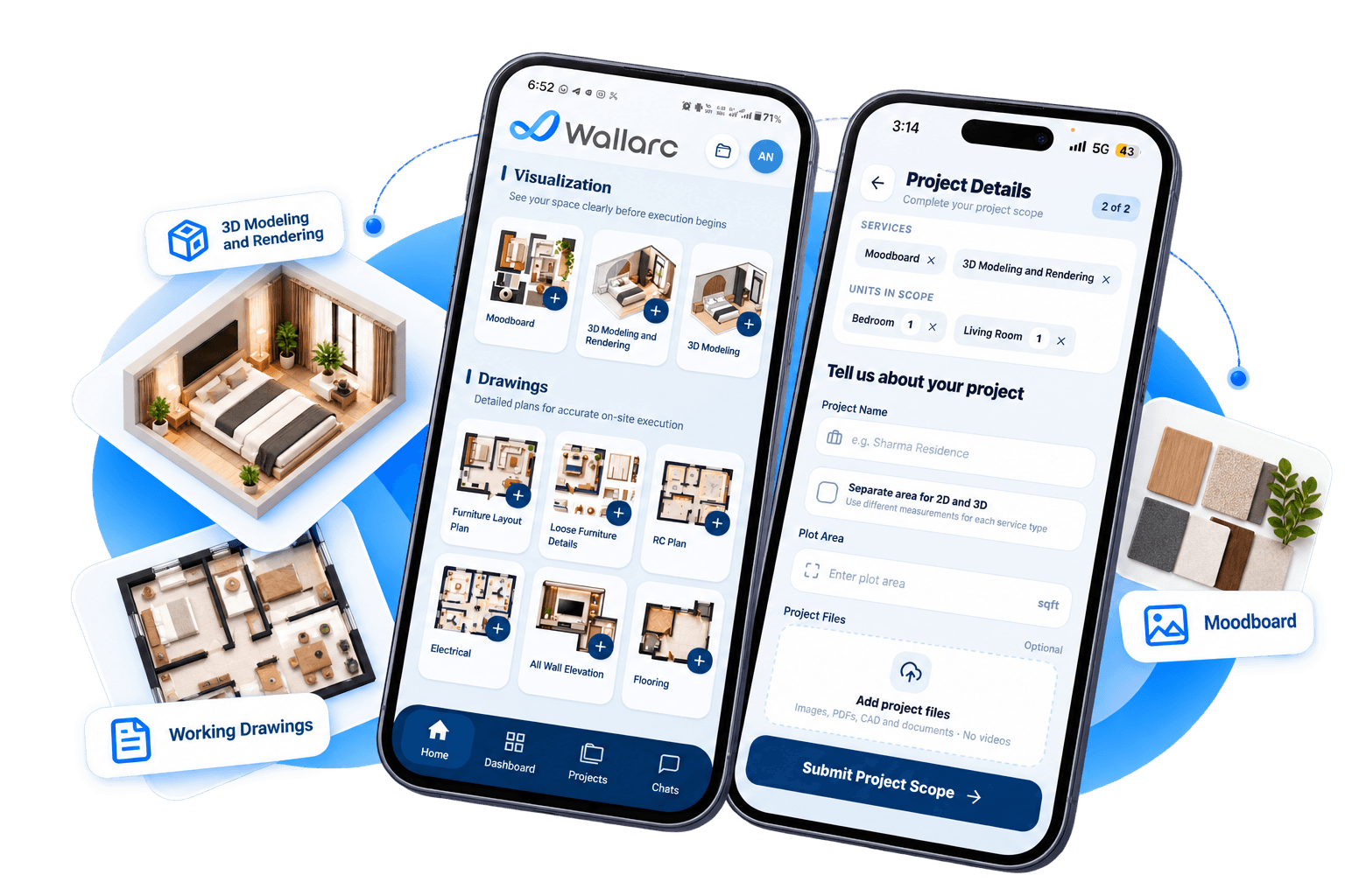 Wallarc app screens for selecting a service and submitting project details